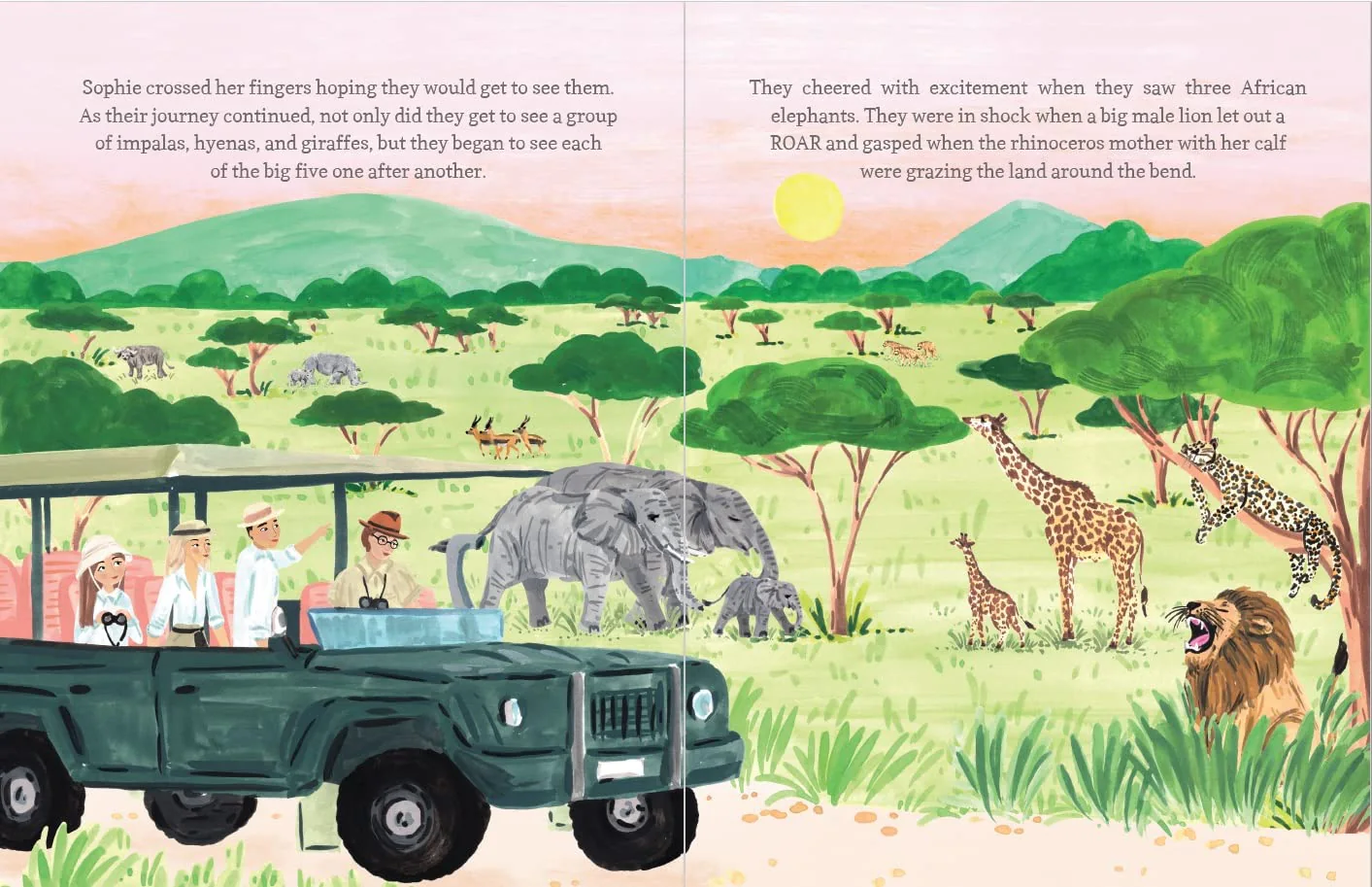 A double-page spread from Sightseeing Sophie in Cape Town: Sophie and her parents spot elephants, giraffes and a lion on safari