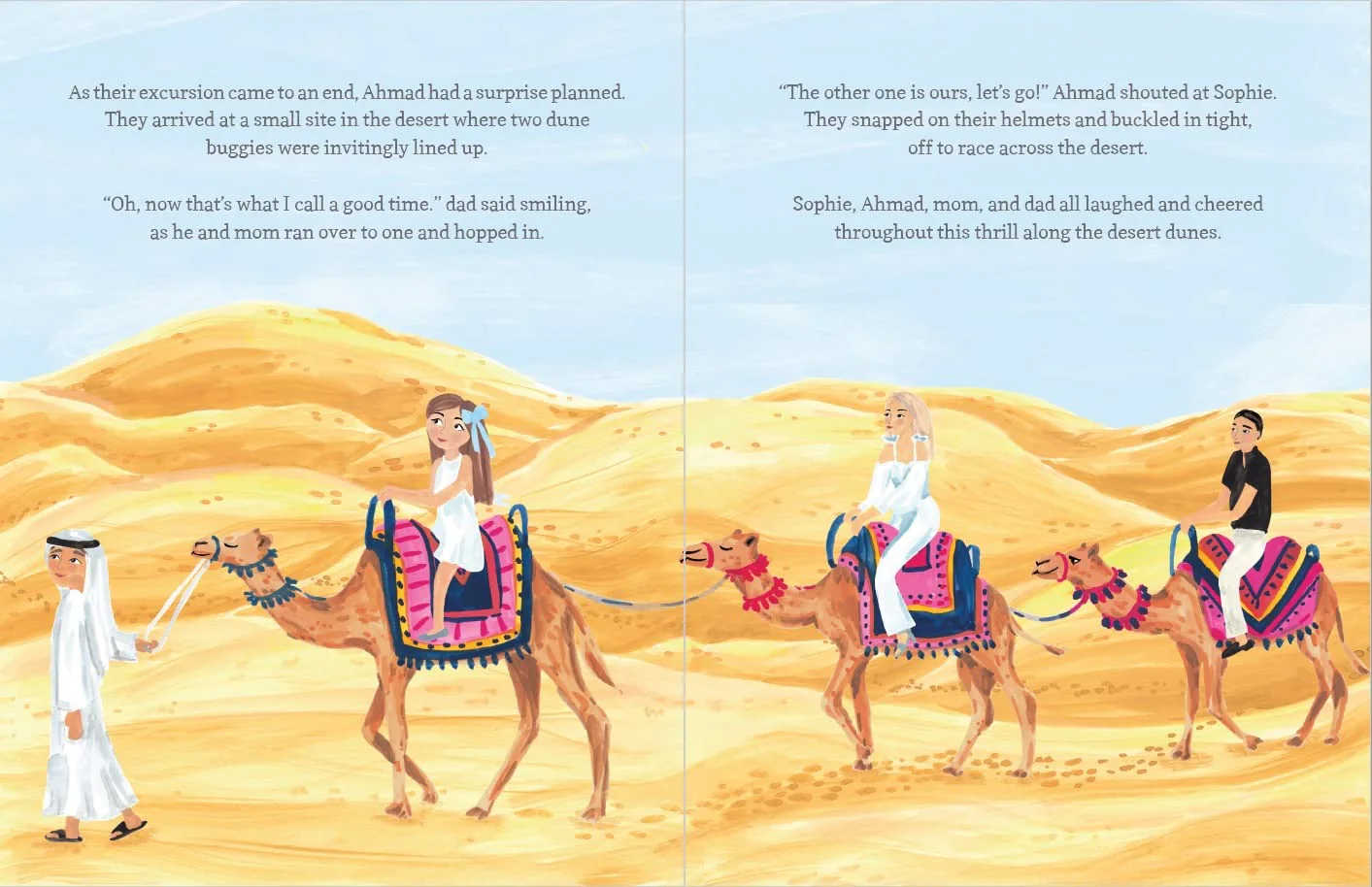 A double-page spread from Sightseeing Sophie in Dubai: A camel ride across the golden dunes